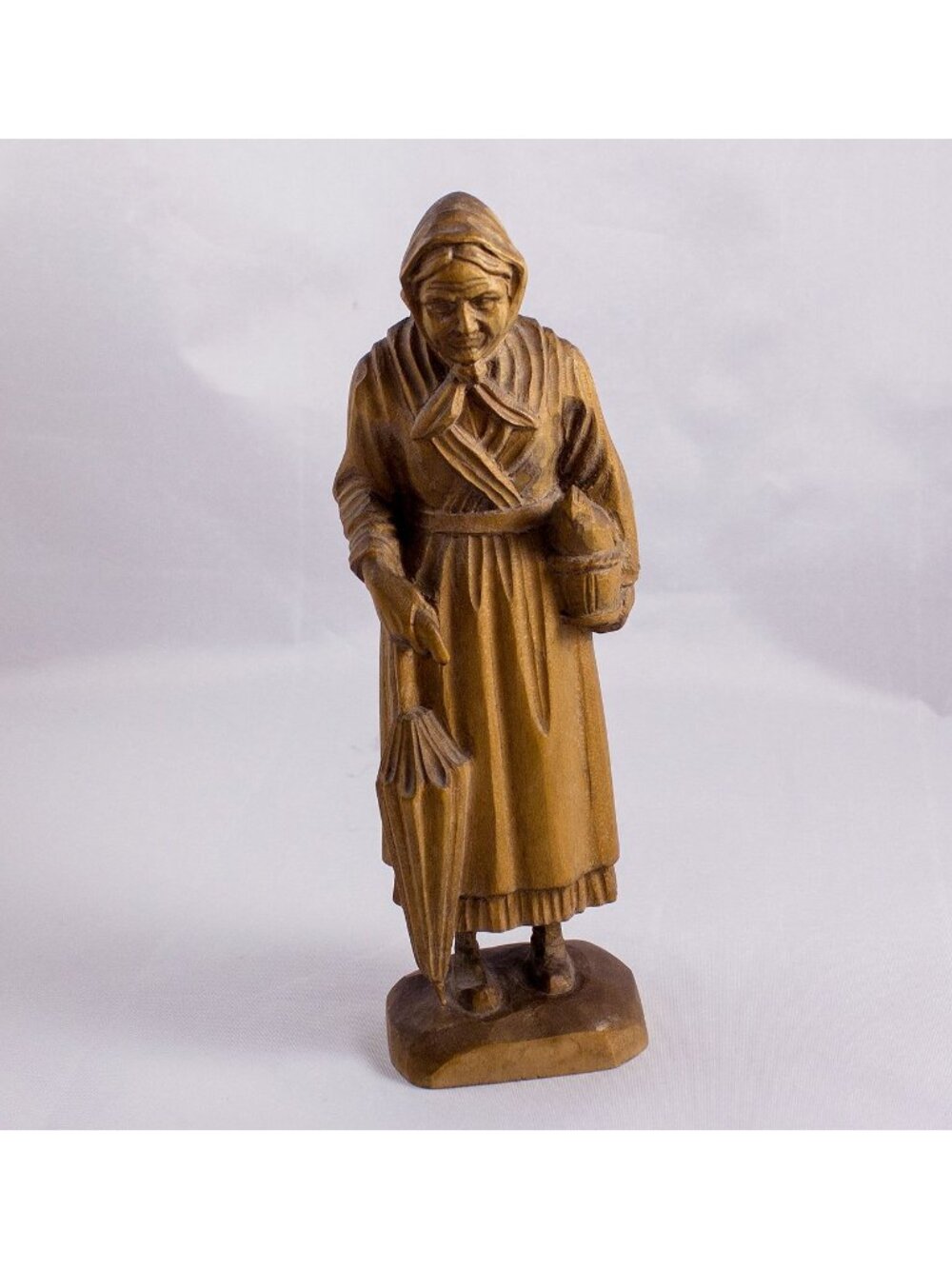 Hand Carved Wood Folk Art Figurine Elderly Woman w/Umbrella & Hen in Basket 10"